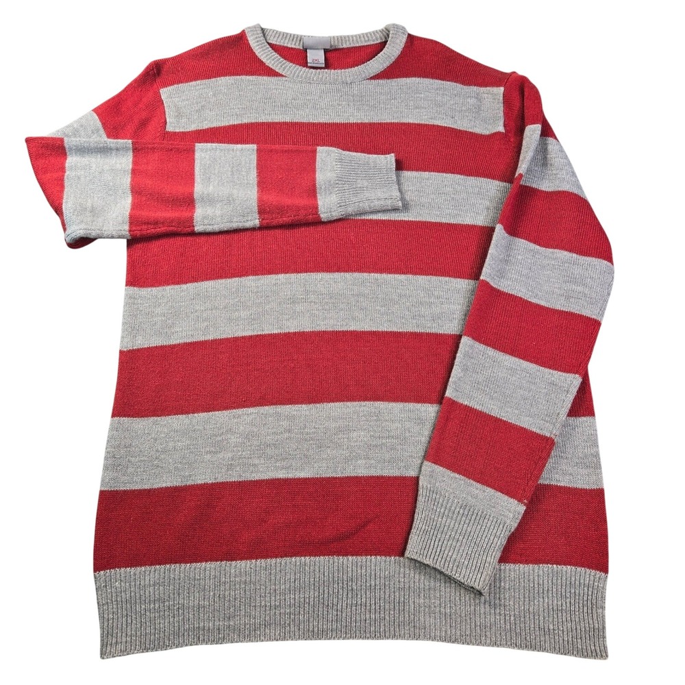 Victor Men's Red Grey Striped Crewneck Sweater Size 2XL Acrylic Knit Long Sleeve